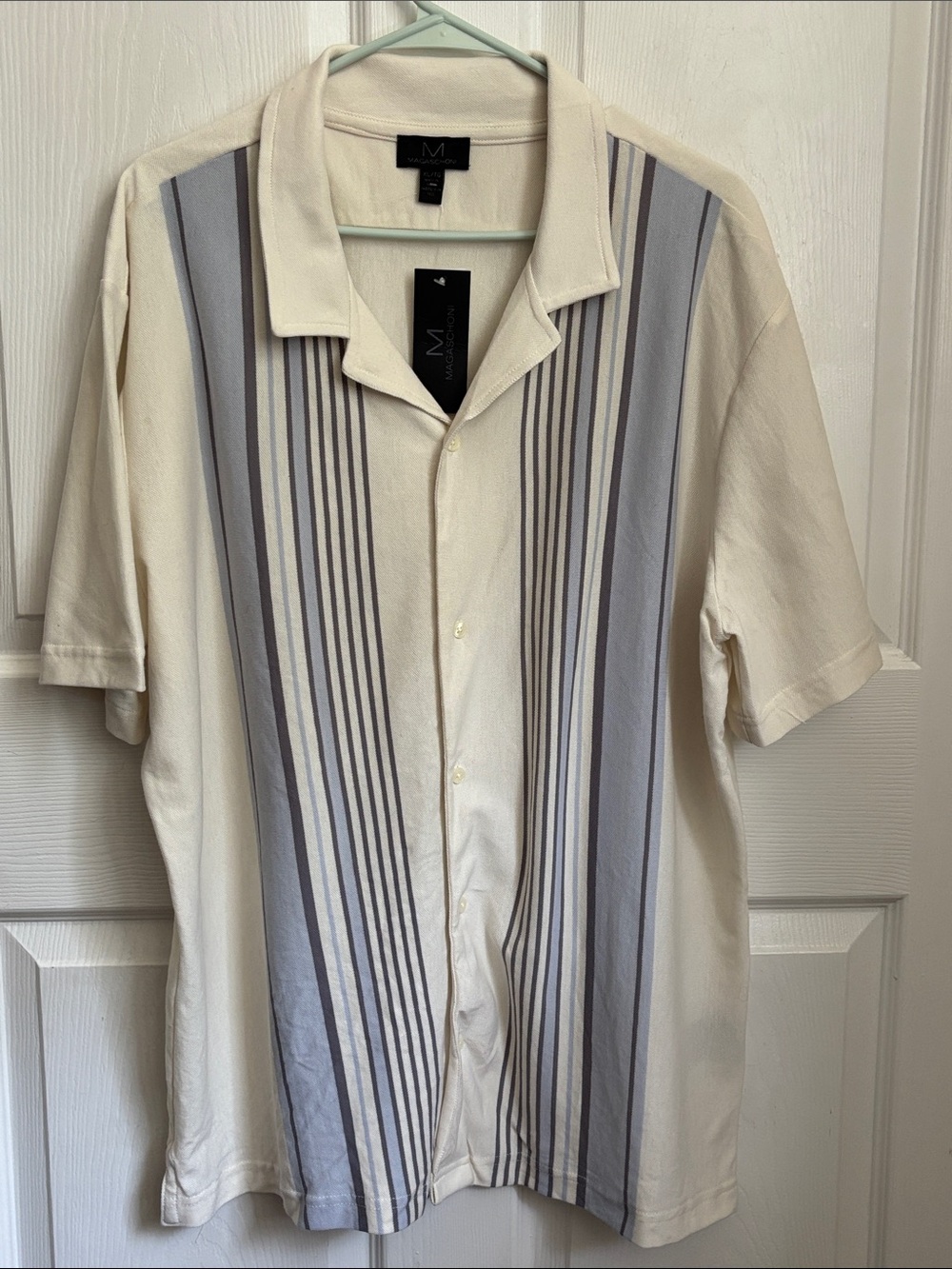 NEW Magaschoni Cream Short Sleeve Button Down Gray Stripes Size XL Cotton resort